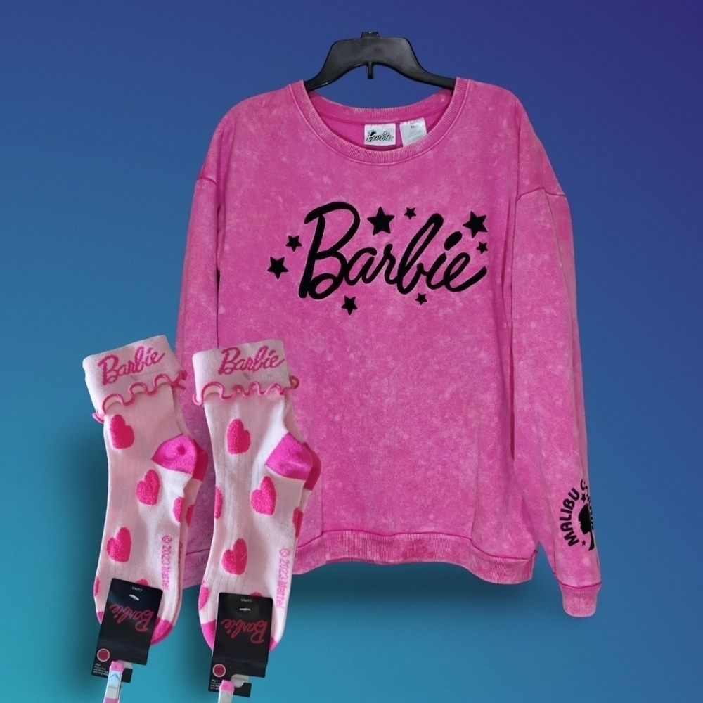 New Licensed Barbie Pullover Sweatshirt & Two Pair Capri Barbie Socks. C65​​​​​